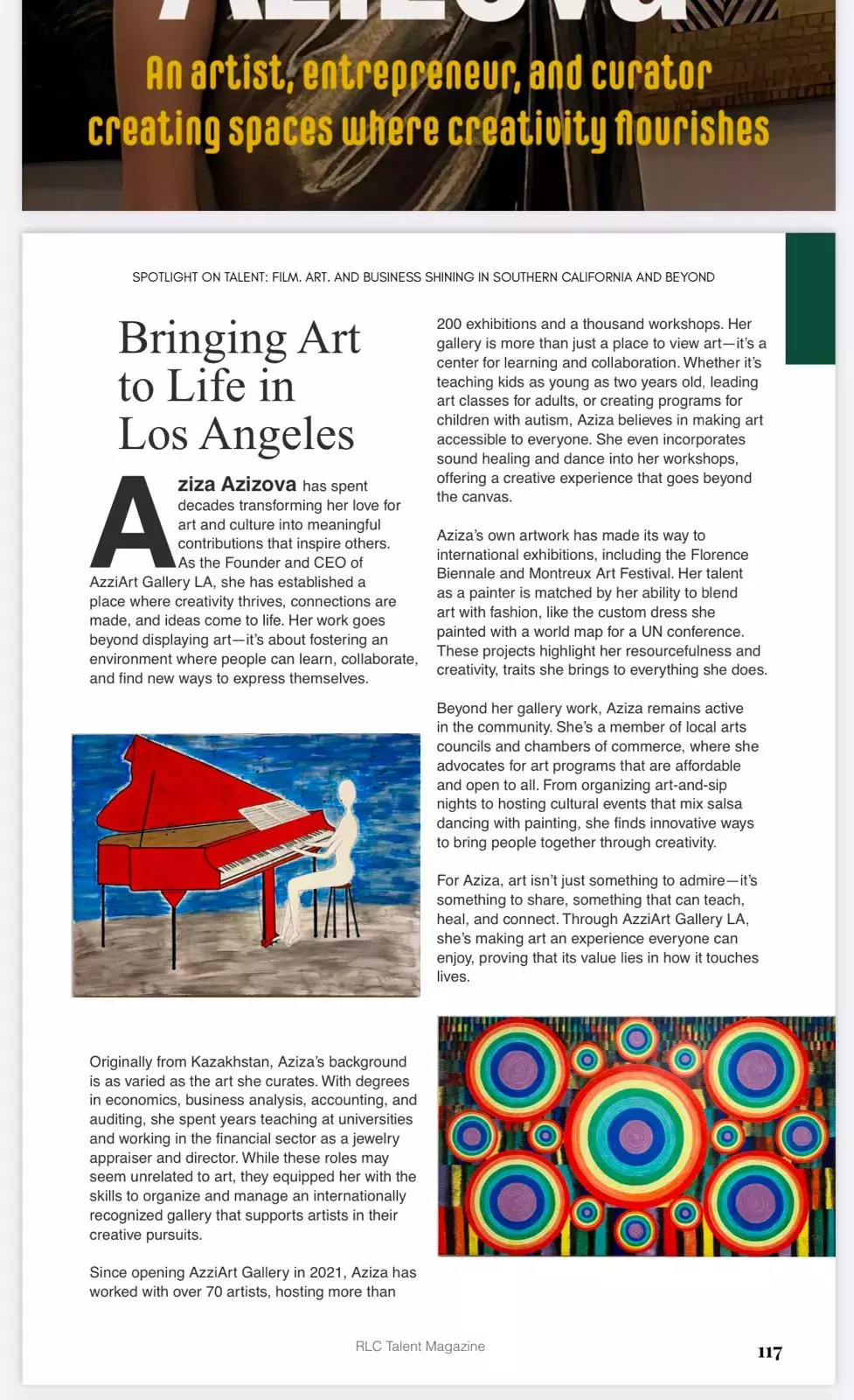 Bringing Art to Life in Los Angeles. Article about Aziza Azizova at RLC Talent Magazine. January 2025. CEO of RLC Talent Agency Leila Ciancaglini, Editor and  Designer Daniel Sinoca.