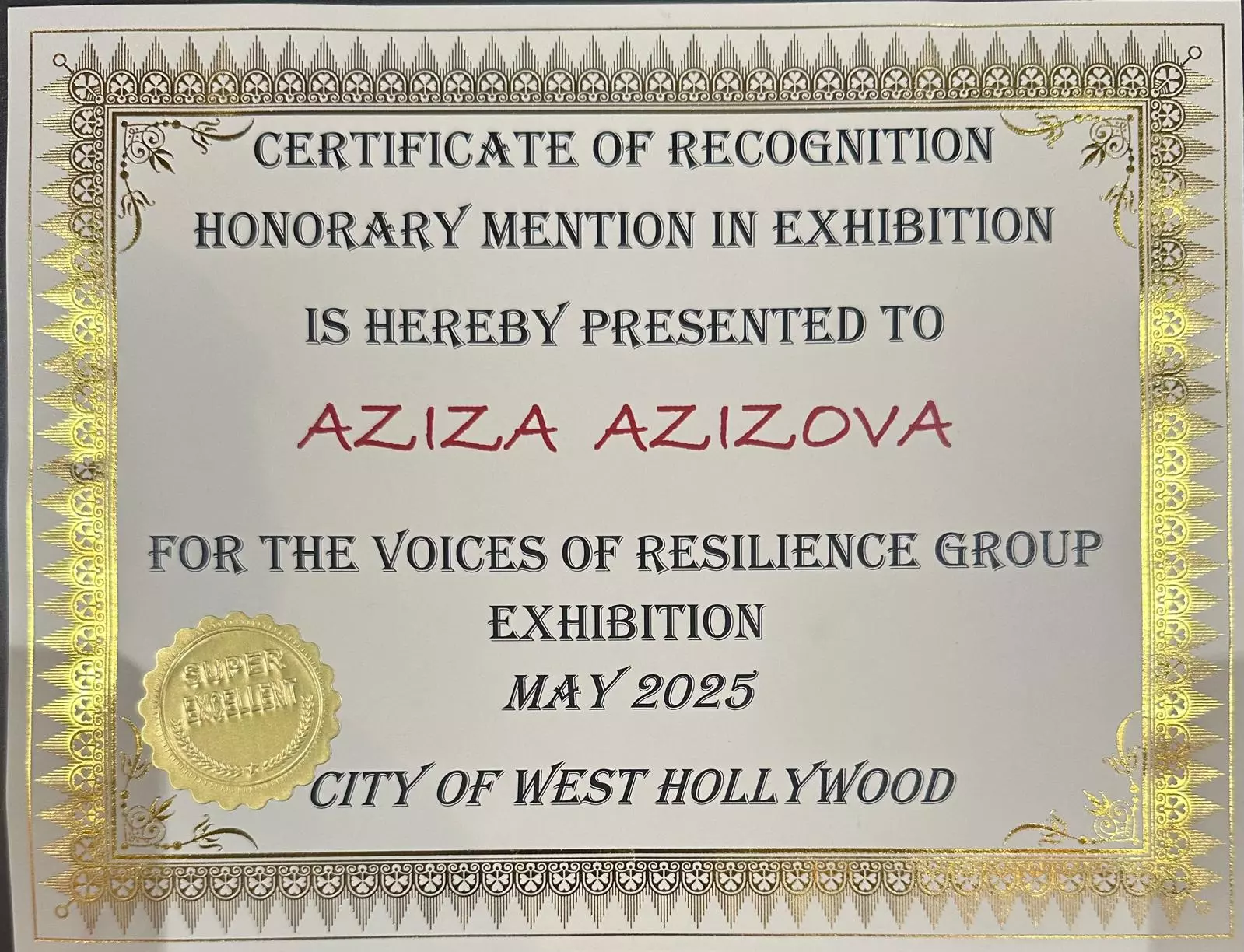 Certificate of Recognition. Presented to AziziAzizova