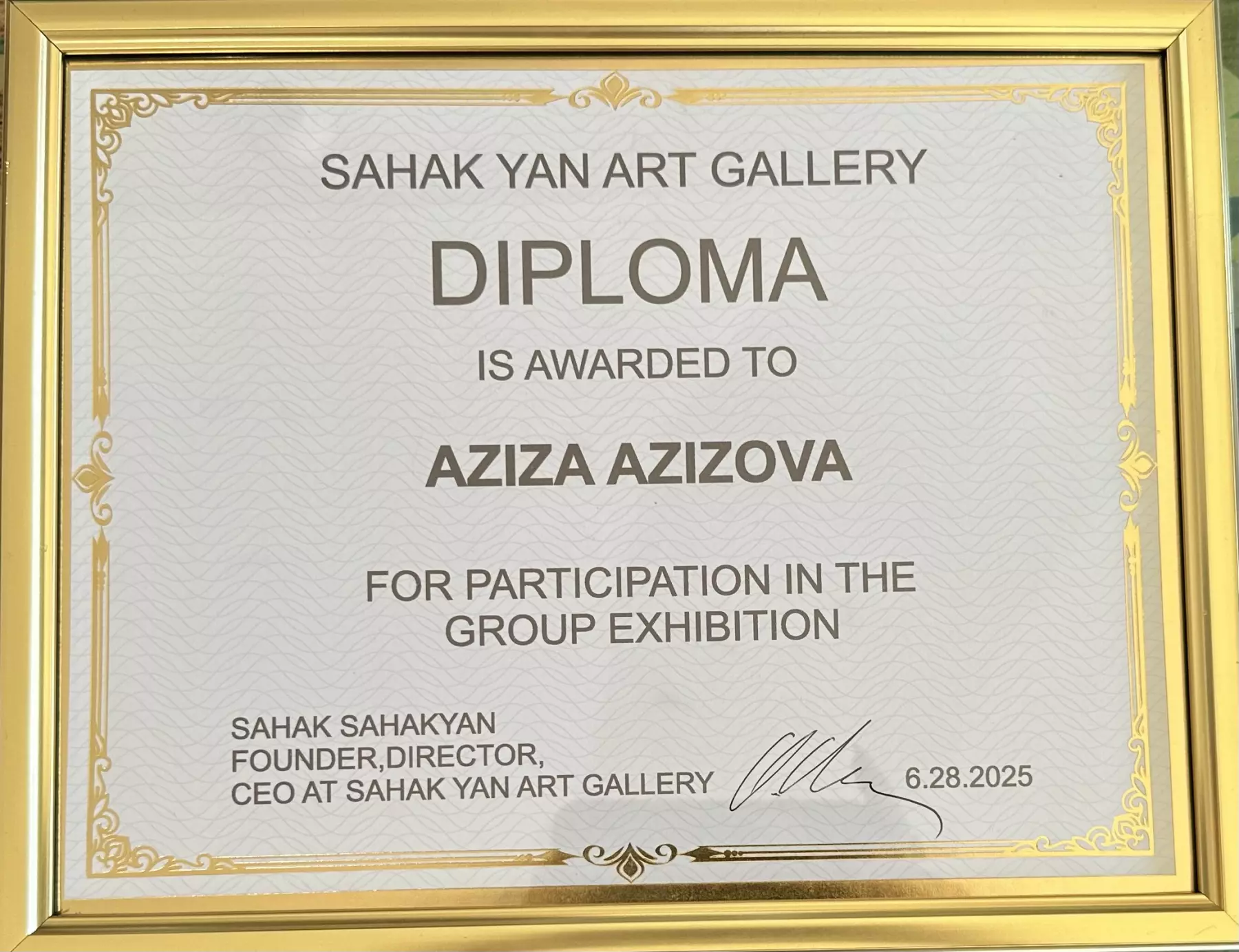 Diploma is Awarded to Aziza Azizova for participation in the Group Exhibition
