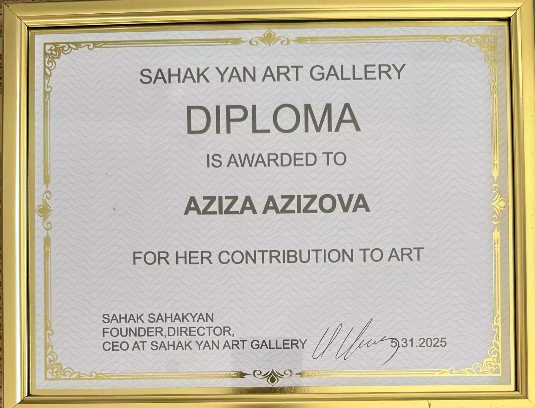 Diploma is Awarded to an artist Aziza Azizova for Her Contribution to Art