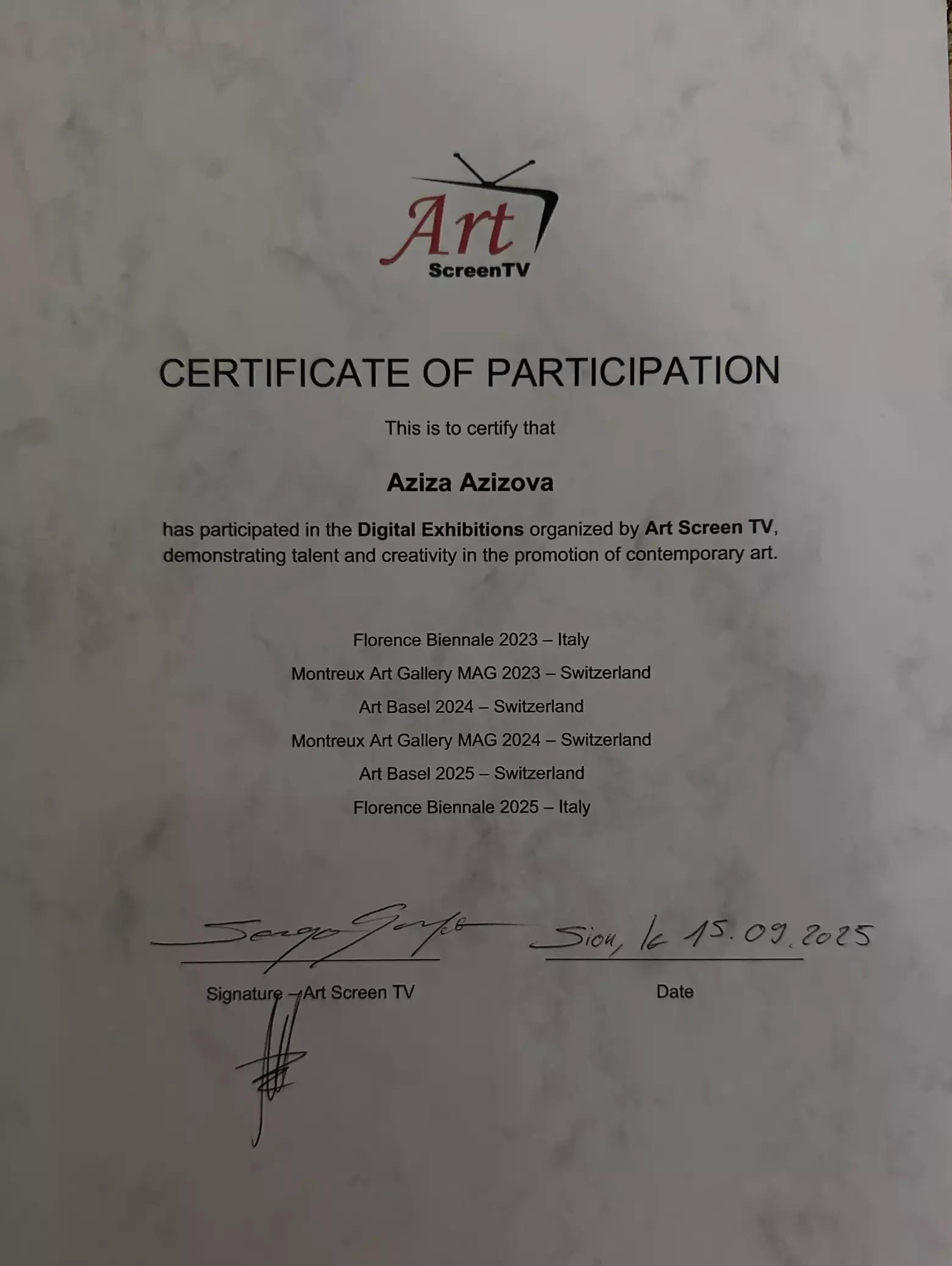 Exciting News!! Certificate of Participation, Aziza Azizova. Art Screen TV, from Switzerland. 2025.