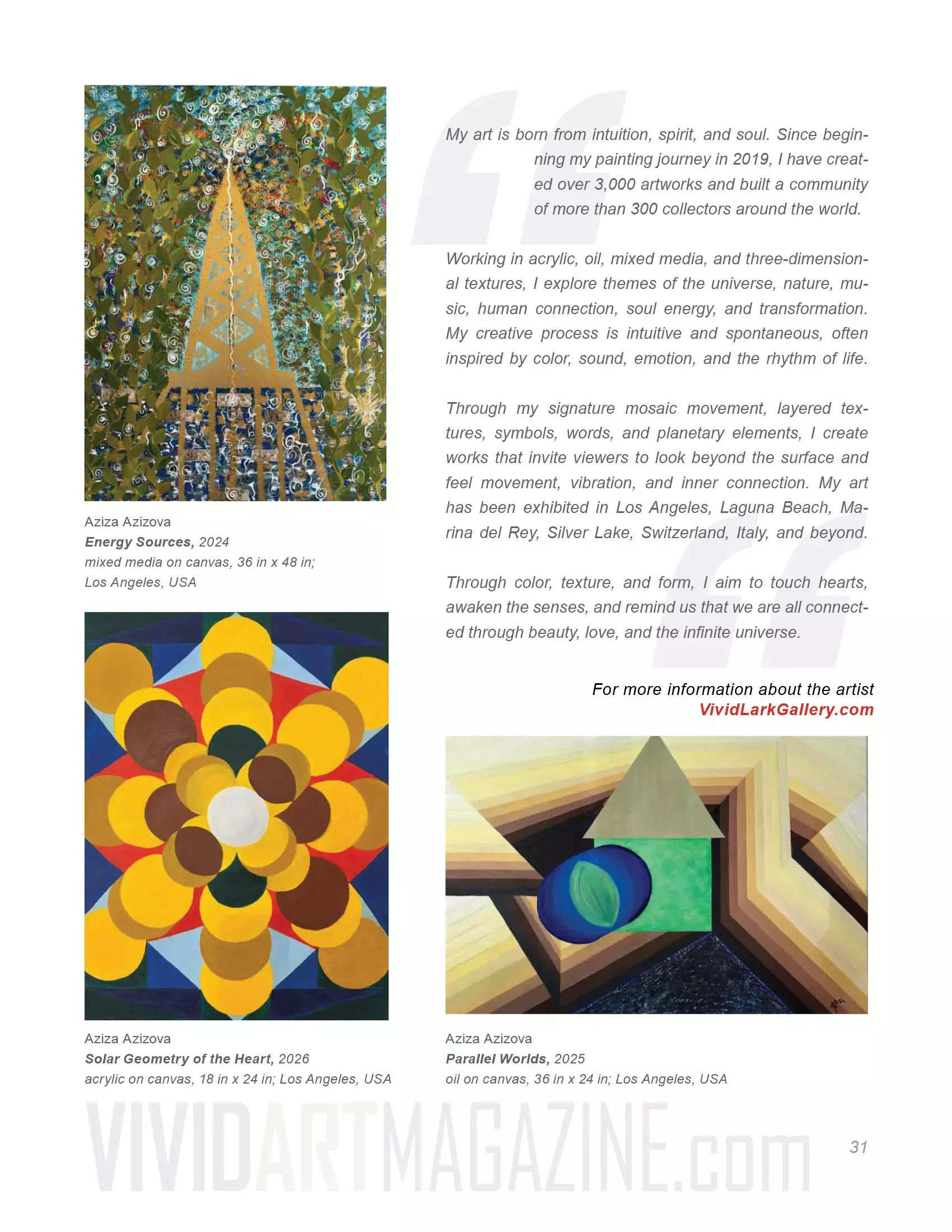 Aziza Azizova, AZZIART GALLERY LA INTERNATIONAL, publication in the First Spring/Summer Edition of Vivid Art Magazine.