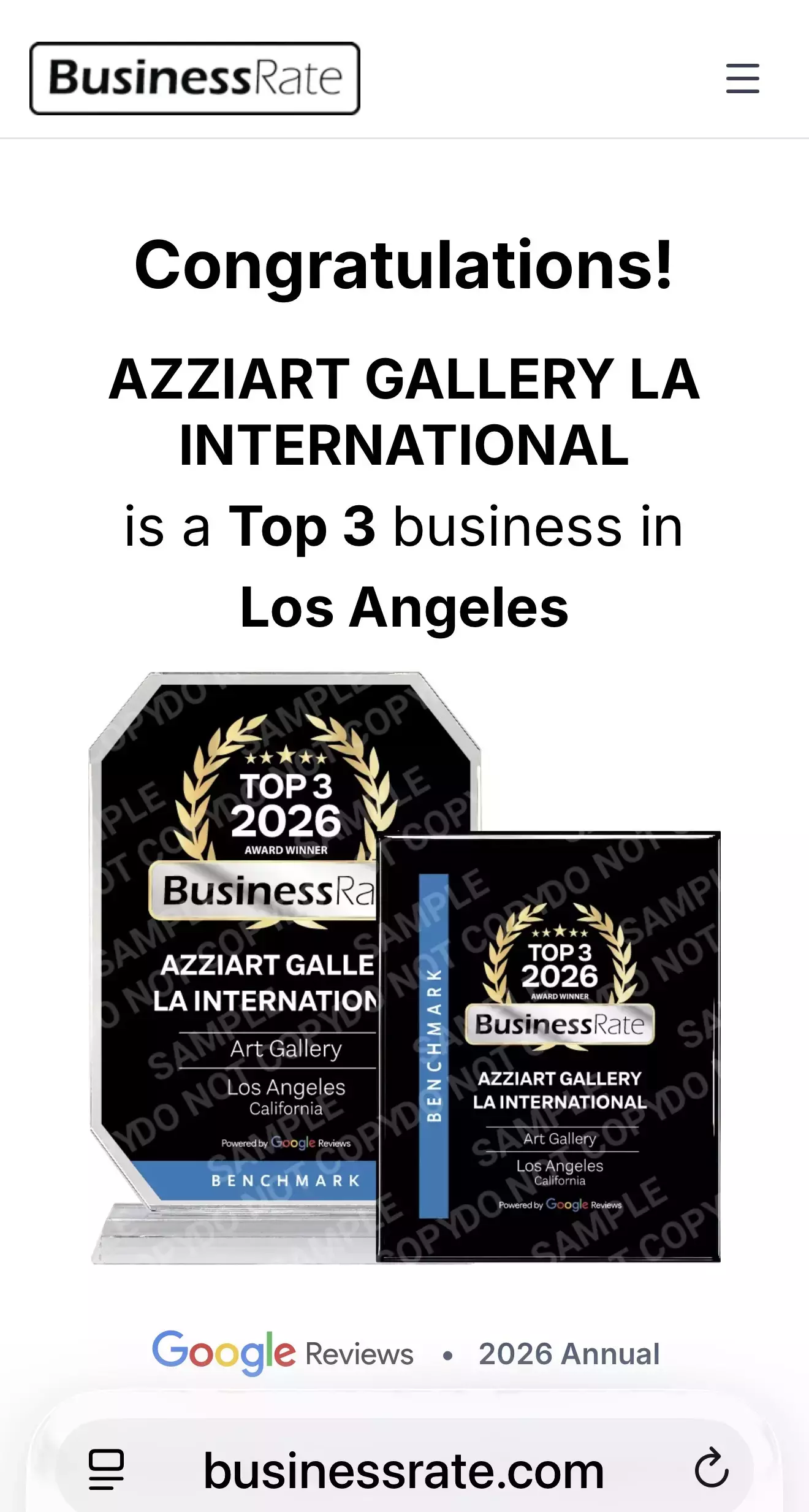 Recognition. BusinesRate Los Angeles. Google reviews. Top #3 Gallery in Los Angeles.