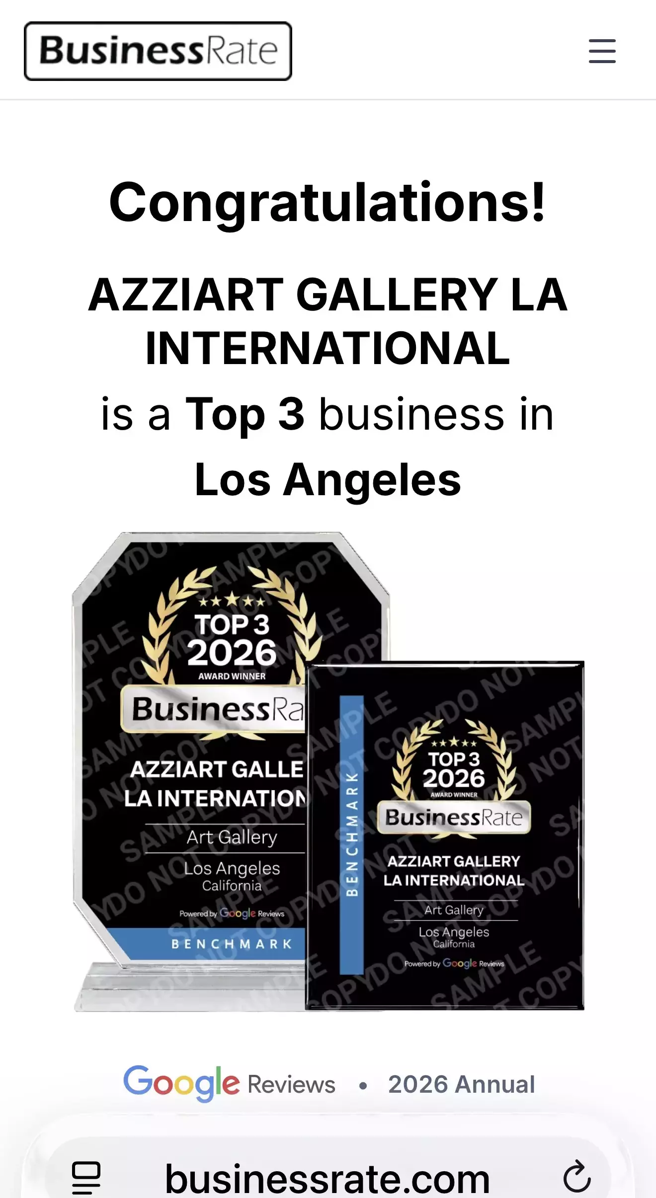 Recognition. BusinesRate Los Angeles. Google reviews. Top #3 Gallery in Los Angeles.